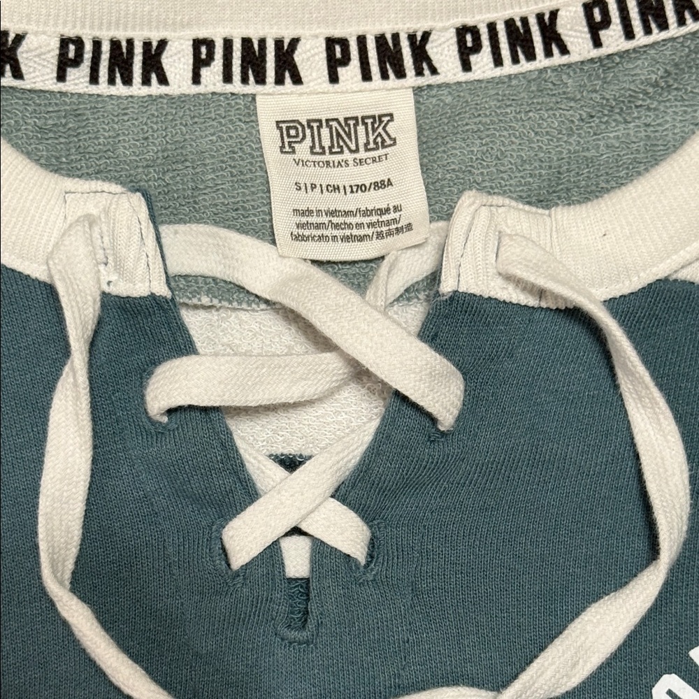 PINK Victoria's Secret Teal and White Lace-Up Oversized Sweatshirt - Picture 3 of 10